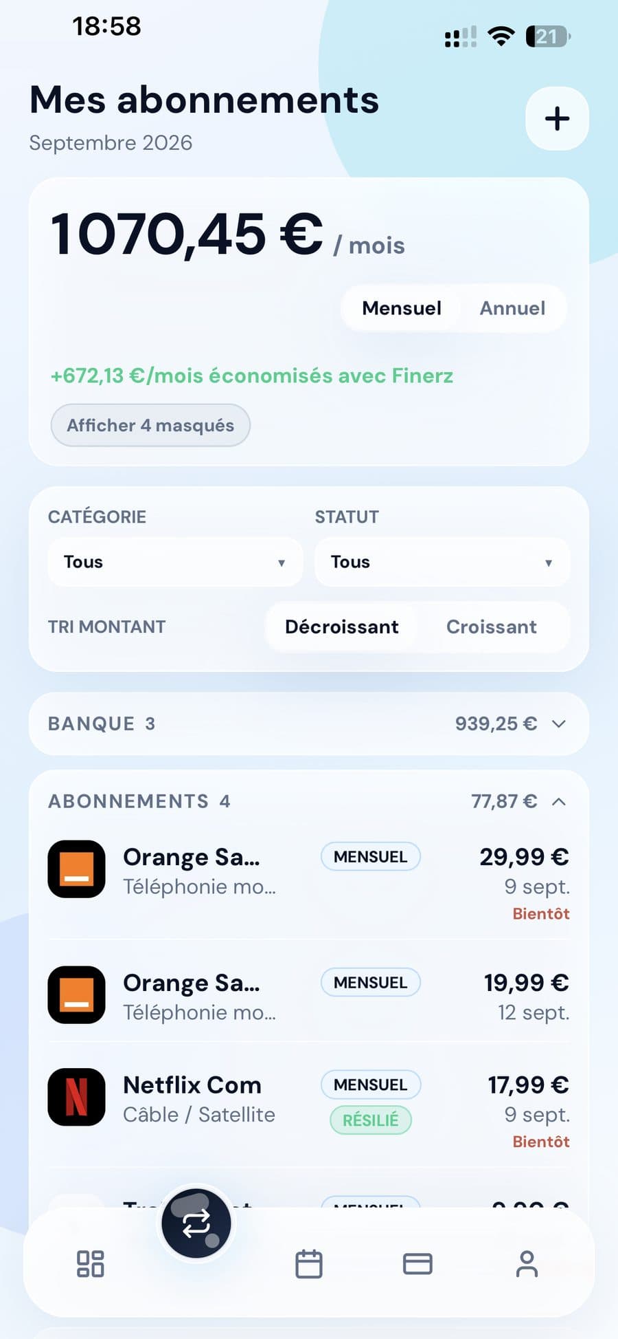 Liste des abonnements détectés par Finerz : total mensuel, économies réalisées, badges mensuel et résilié