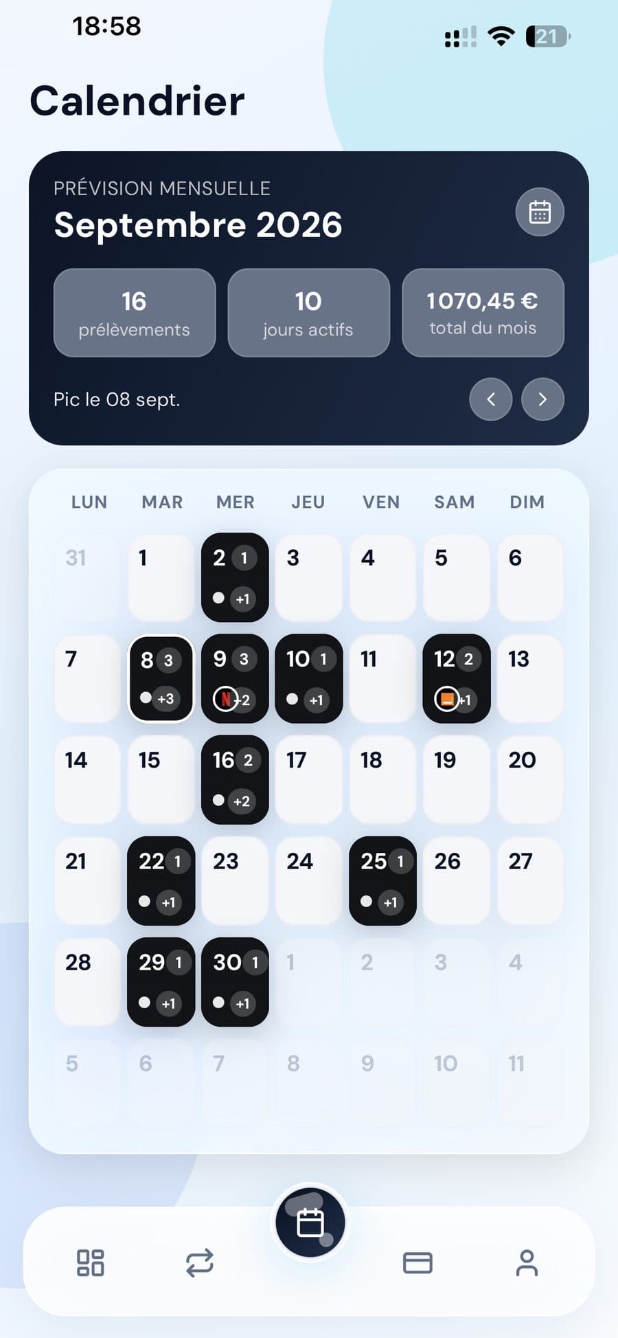 Calendrier Finerz de septembre 2026 : 16 prélèvements, jours chargés marqués, pic le 8