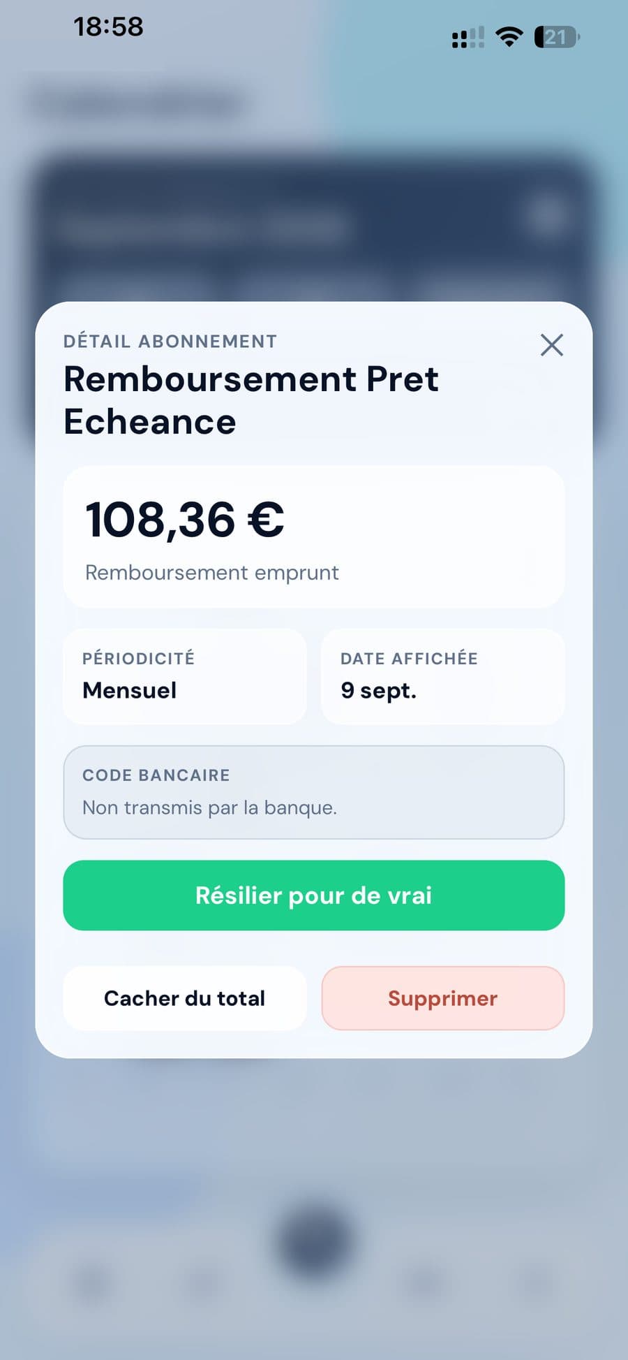 Détail d'un abonnement dans Finerz avec le bouton « Résilier pour de vrai », la périodicité et la date du prélèvement
