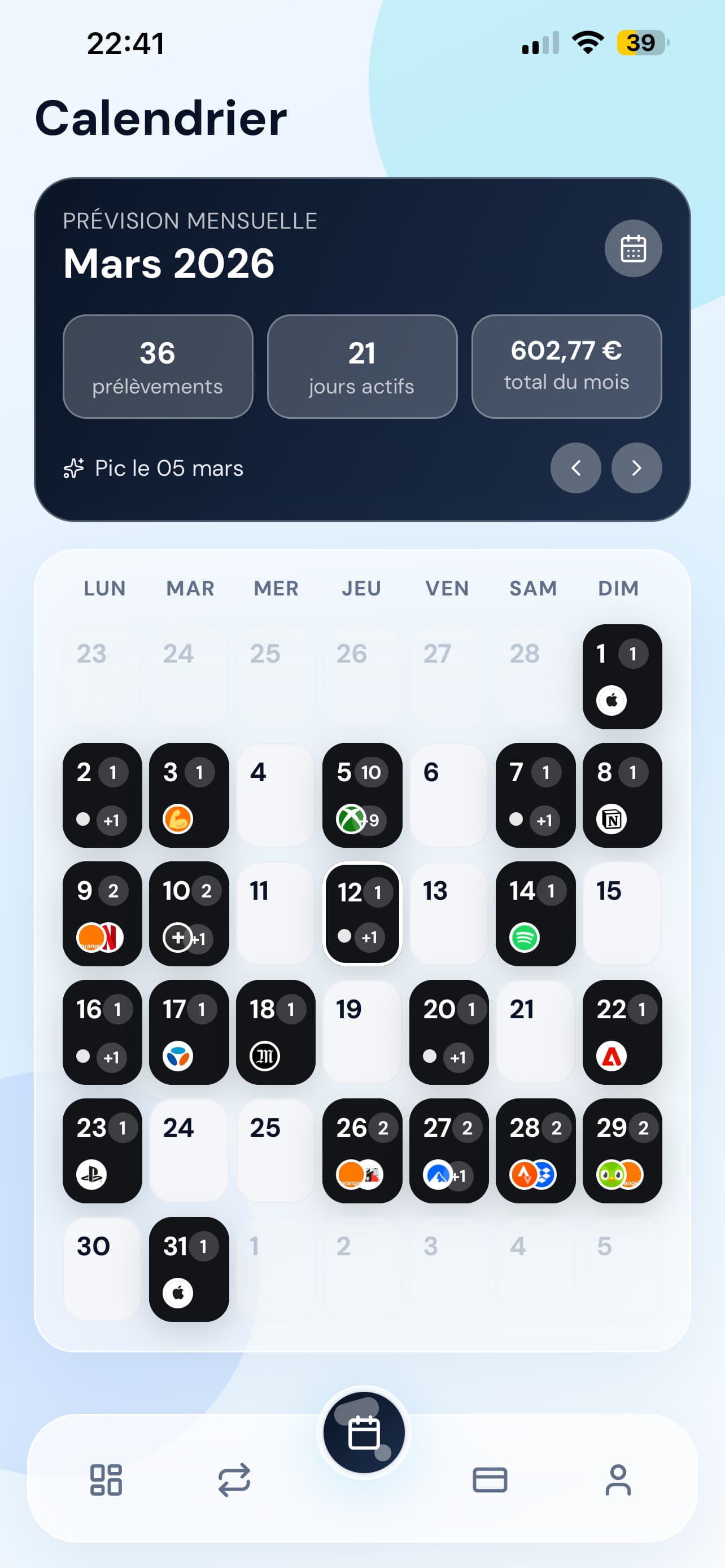 Aperçu calendrier Finerz