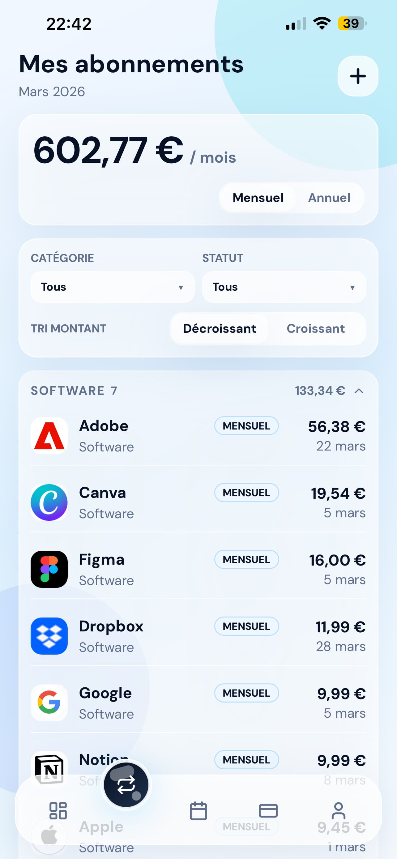 Aperçu abonnements Finerz