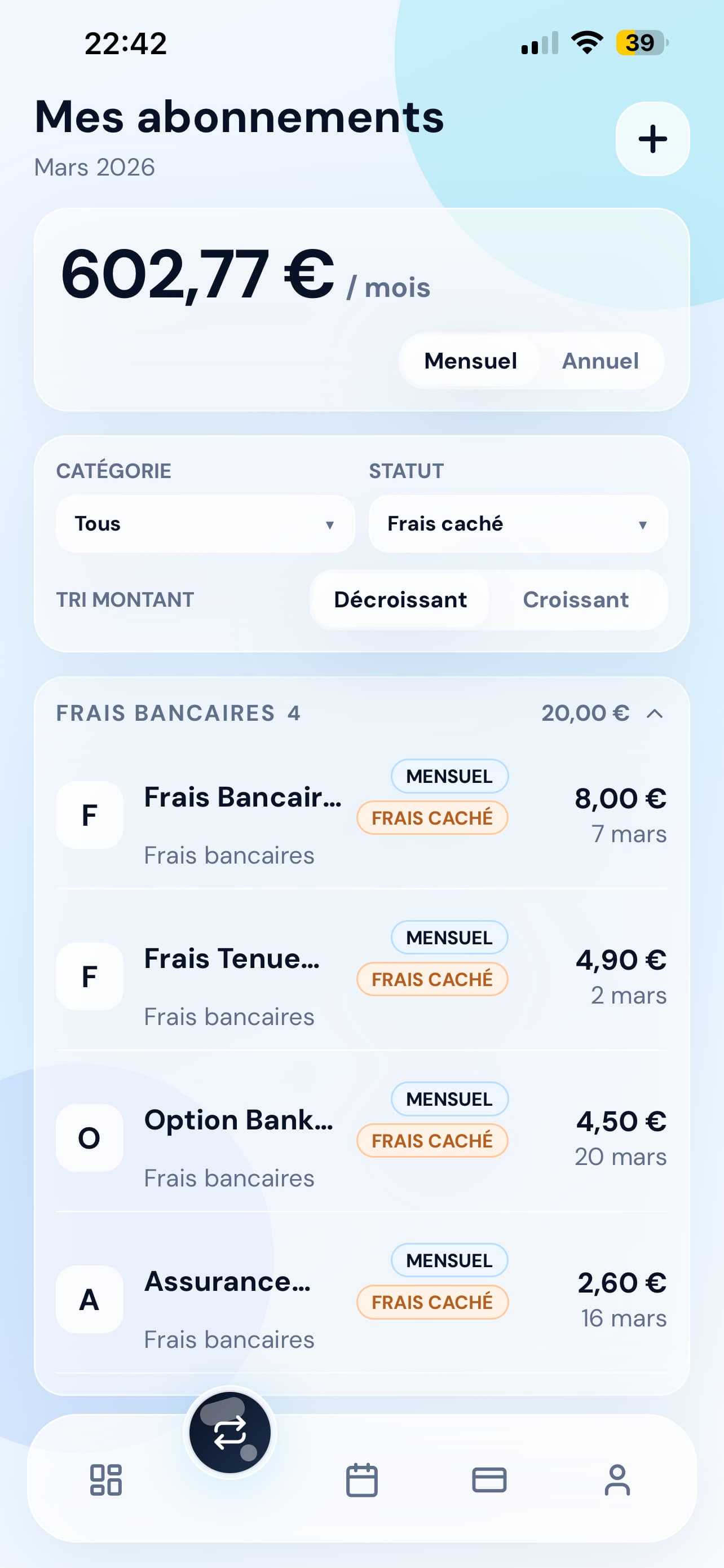 Lis tes abonnements avec badges et catégories