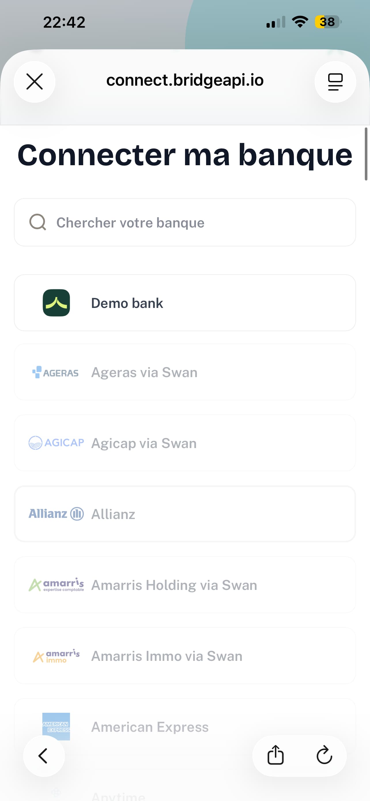 Connexion bancaire via Bridge en parcours dédié