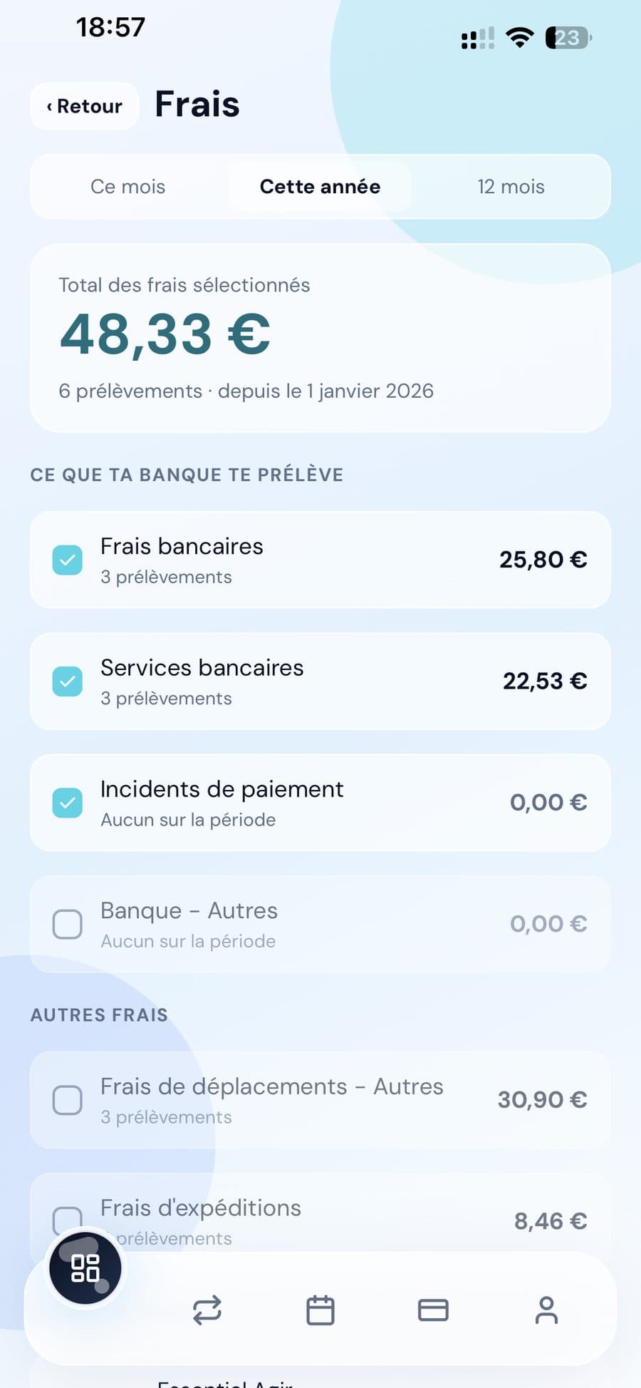 Écran Frais de Finerz : total prélevé par la banque sur l'année, frais bancaires, services bancaires et incidents de paiement