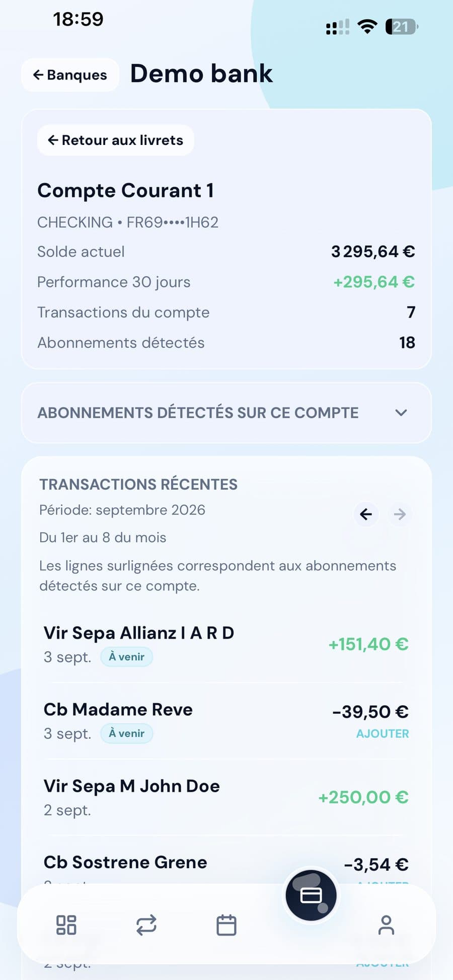 Détail d'un compte dans Finerz : solde, performance sur 30 jours et transactions récentes